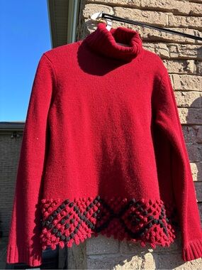 Red Turtleneck Women's Sweater with Textured Hem